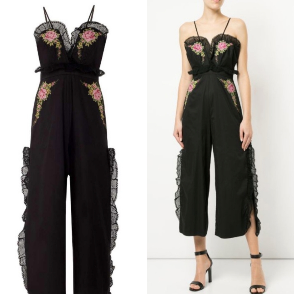 Alice Mccall At Last Embroidered Ruffle Jumpsuit Black Floral Xs 2